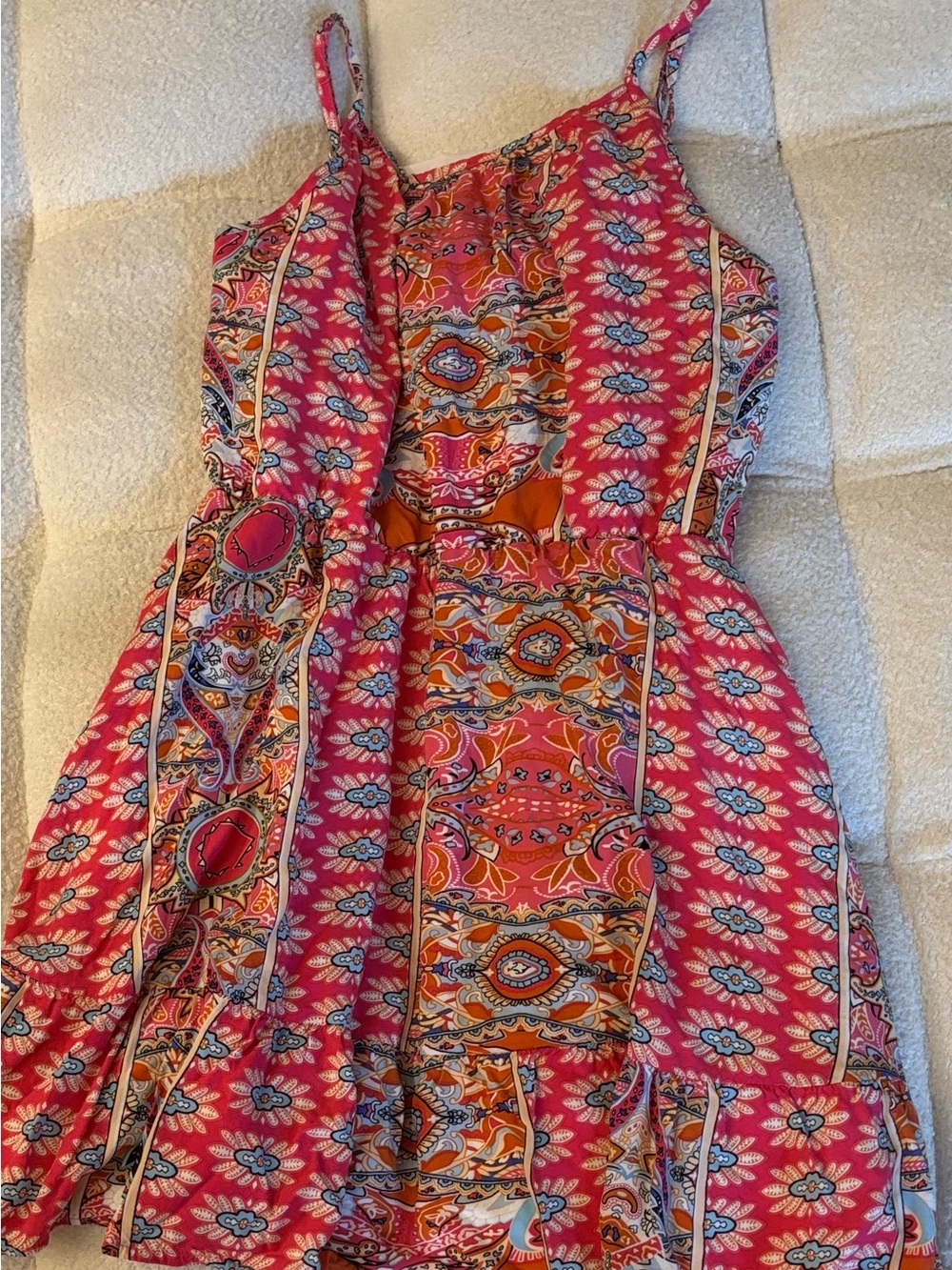 PRETTYGARDEN Boho Paisley Floral Cami Mini Dress Ruffle Hem Pink Orange S